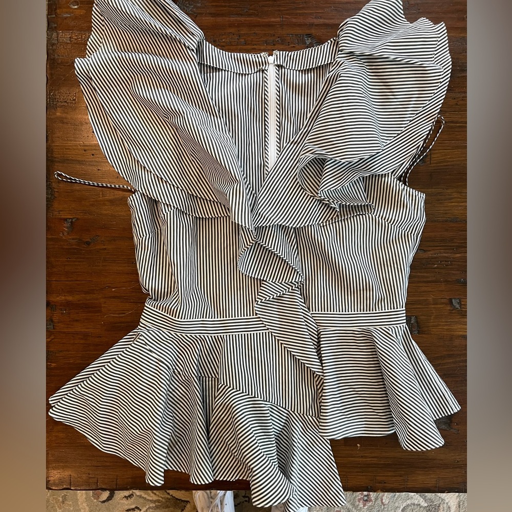 Alexander McQueen Navy and White Striped Ruffle Peplum Top - Picture 3 of 9